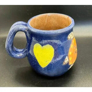 Handmade Earthworks Redware Pottery Blue Mug Sea Turtle Yellow Heart Barbados